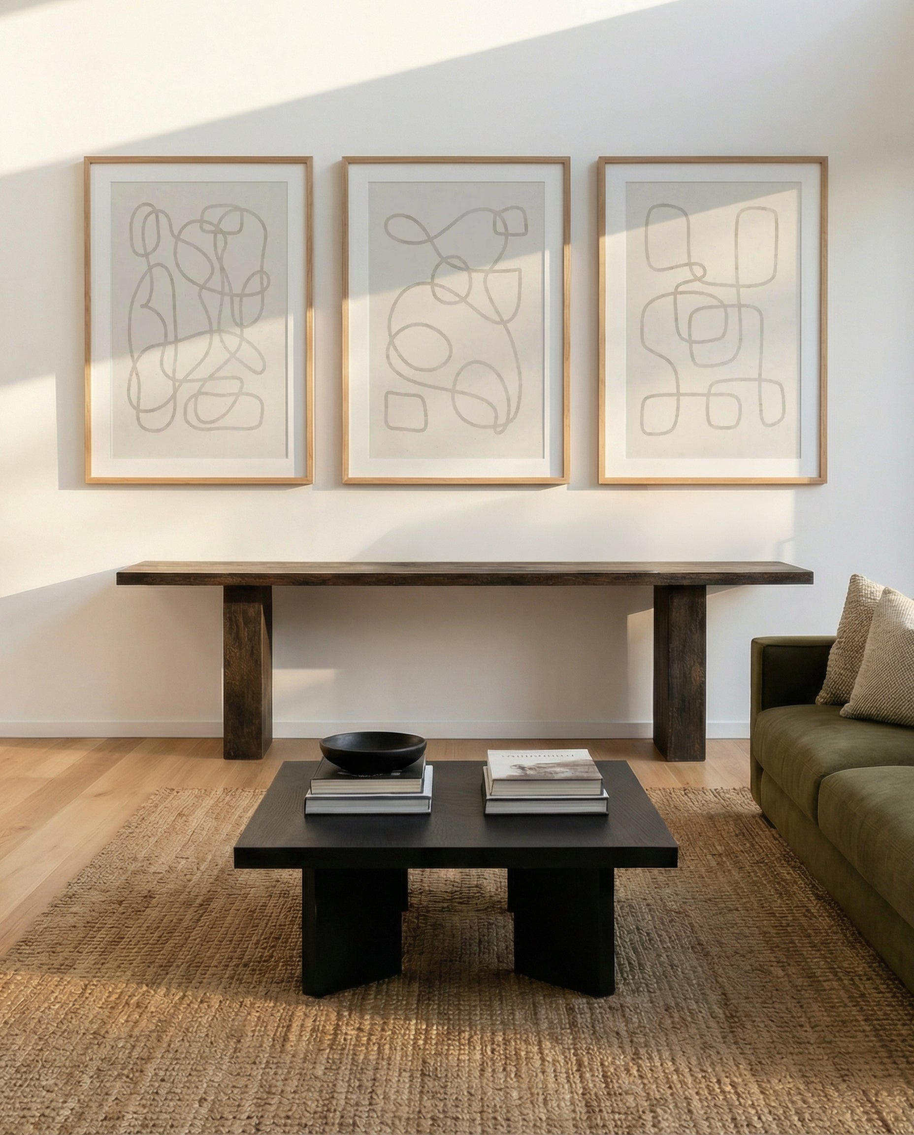 Ecru I, II & III | 3 Piece Wall Art Set in Beige art print oak frame with white border