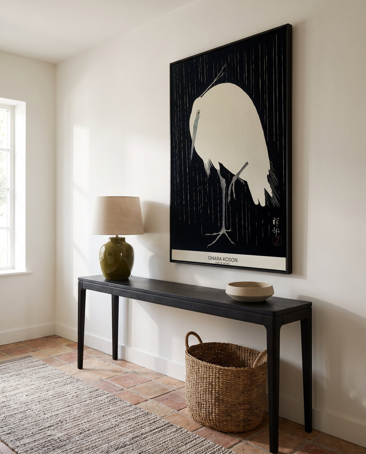 Egret In The Rain | Framed Canvas Art Print
