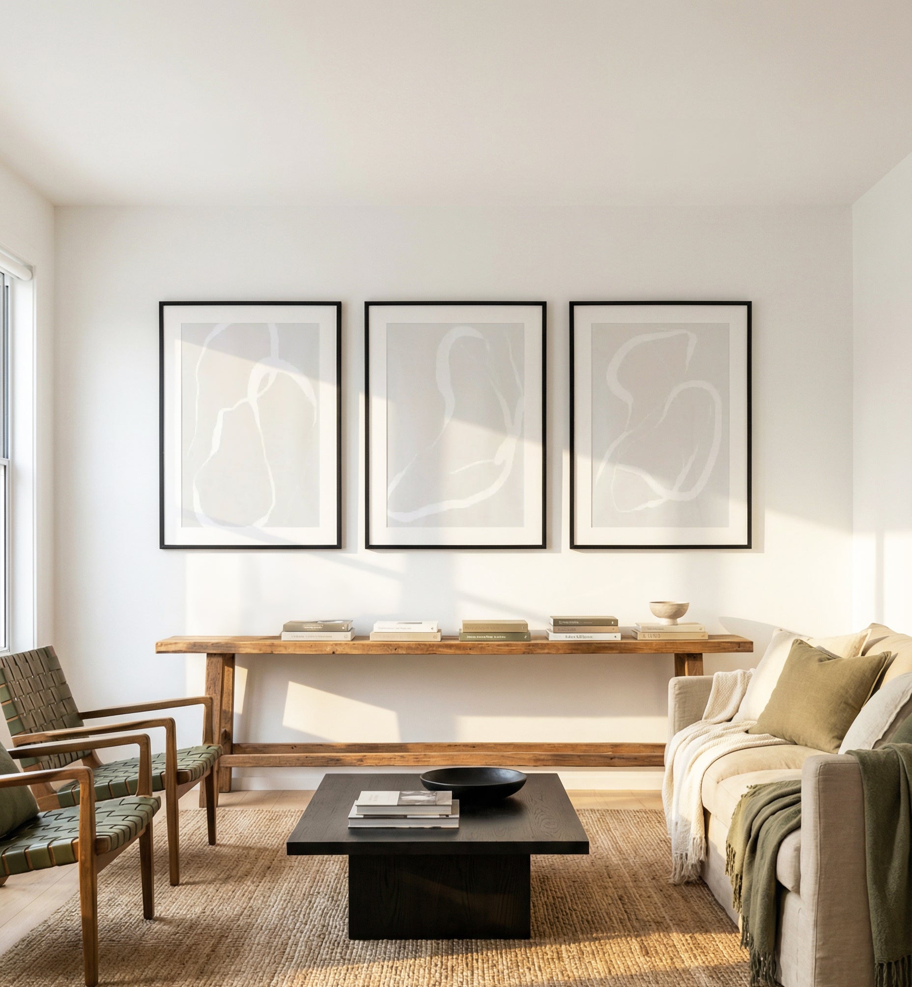 Entwined I, II & III | 3 Piece Wall Art Set in Grey and White abstract art print oak frame with white border