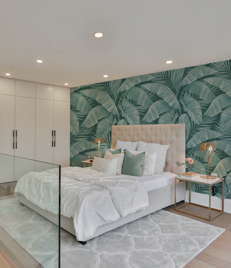 Escape To The Tropics Large Deep Teal Blue Wallpaper from Olive et Oriel where you can shop wallpaper and artworks online