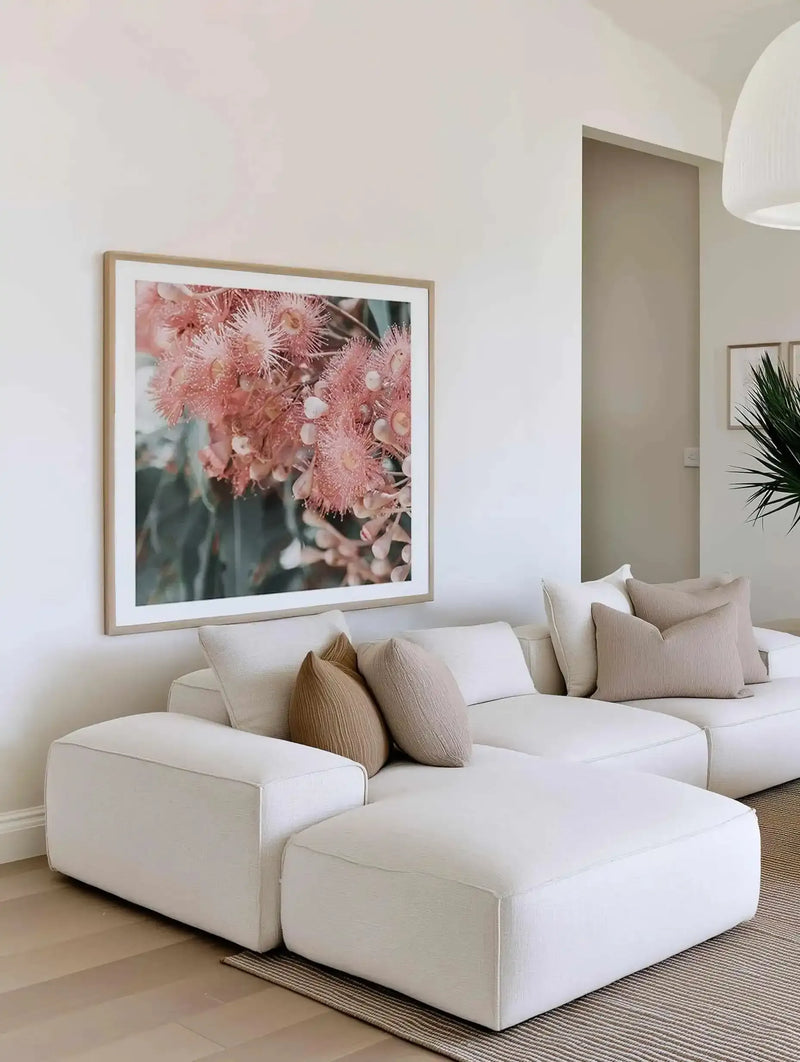 Square art print featuring a close-up photograph of dusty rose pink fluffy flower clusters with delicate white stamens and soft green foliage, displayed in a natural wood frame with white border above a cream-colored modular sofa styled with neutral linen cushions in a minimalist living room.