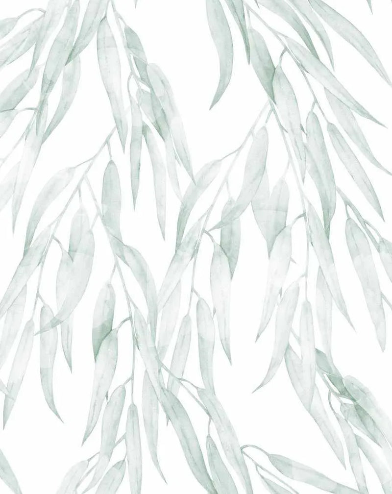Watercolor illustration of eucalyptus leaves in soft sage green and pale white tones against a white background. Long, slender leaves with gentle curves hang downward in cascading sprays, creating a flowing, botanical pattern. The leaves feature delicate watercolor washes with subtle color variations ranging from muted green to cream. The composition has an airy, natural quality with leaves overlapping organically throughout the design.
