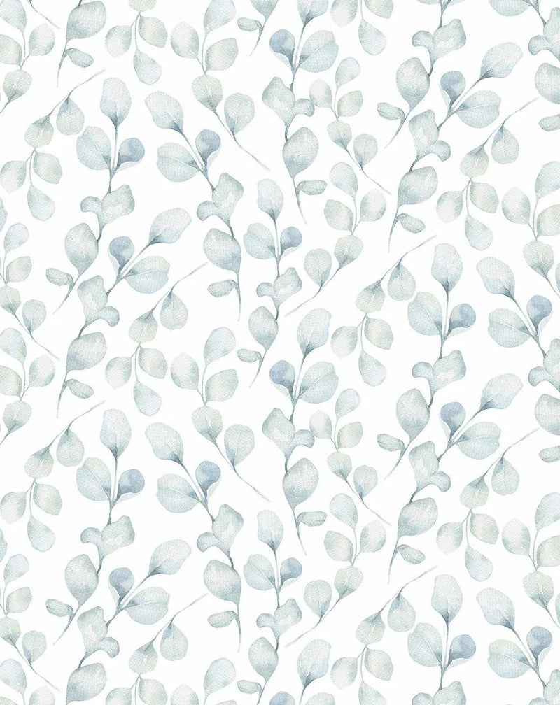 Peel and stick wallpaper featuring a repeating pattern of hand-painted eucalyptus branches in soft sage green and muted blue-grey on a crisp white background. The botanical design has a loose, organic watercolour quality with visible brushstroke texture.