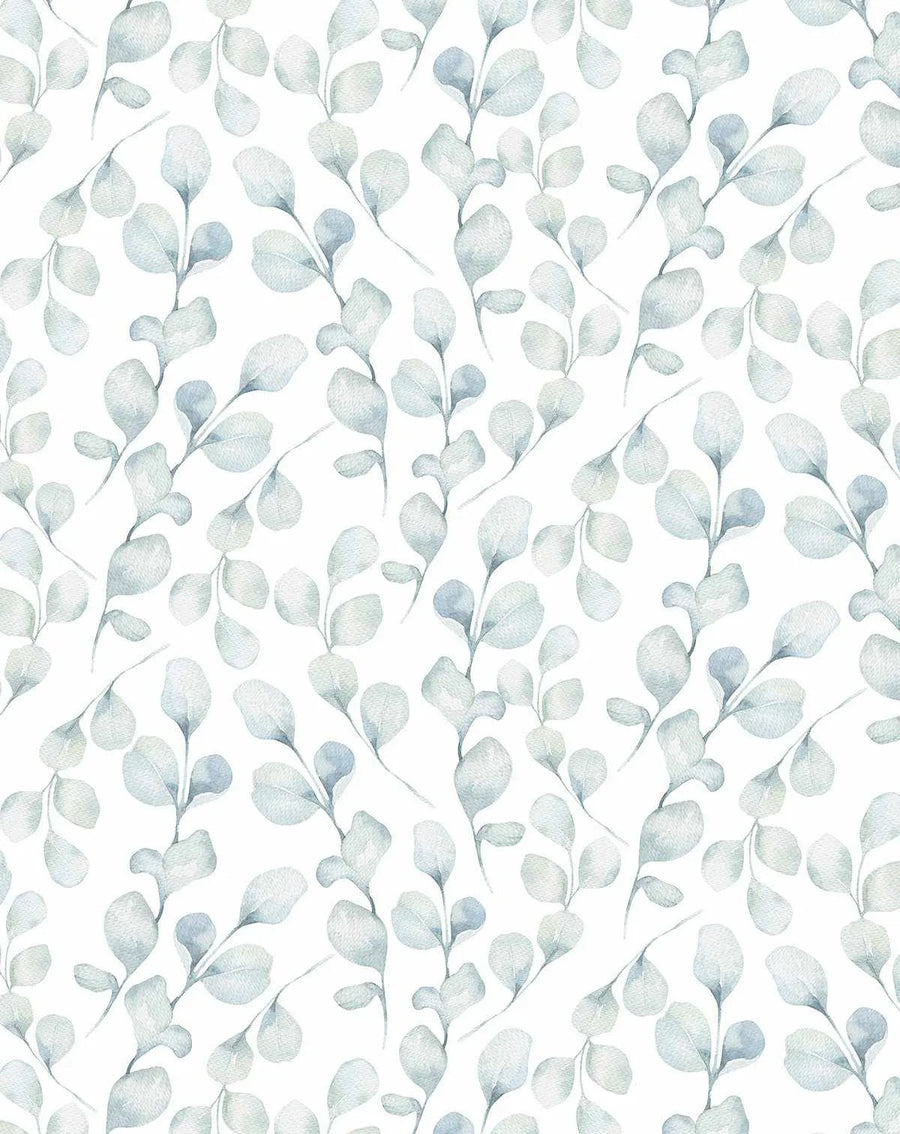 Peel and stick wallpaper featuring a repeating pattern of hand-painted eucalyptus branches in soft sage green and muted blue-grey on a crisp white background. The botanical design has a loose, organic watercolour quality with visible brushstroke texture.