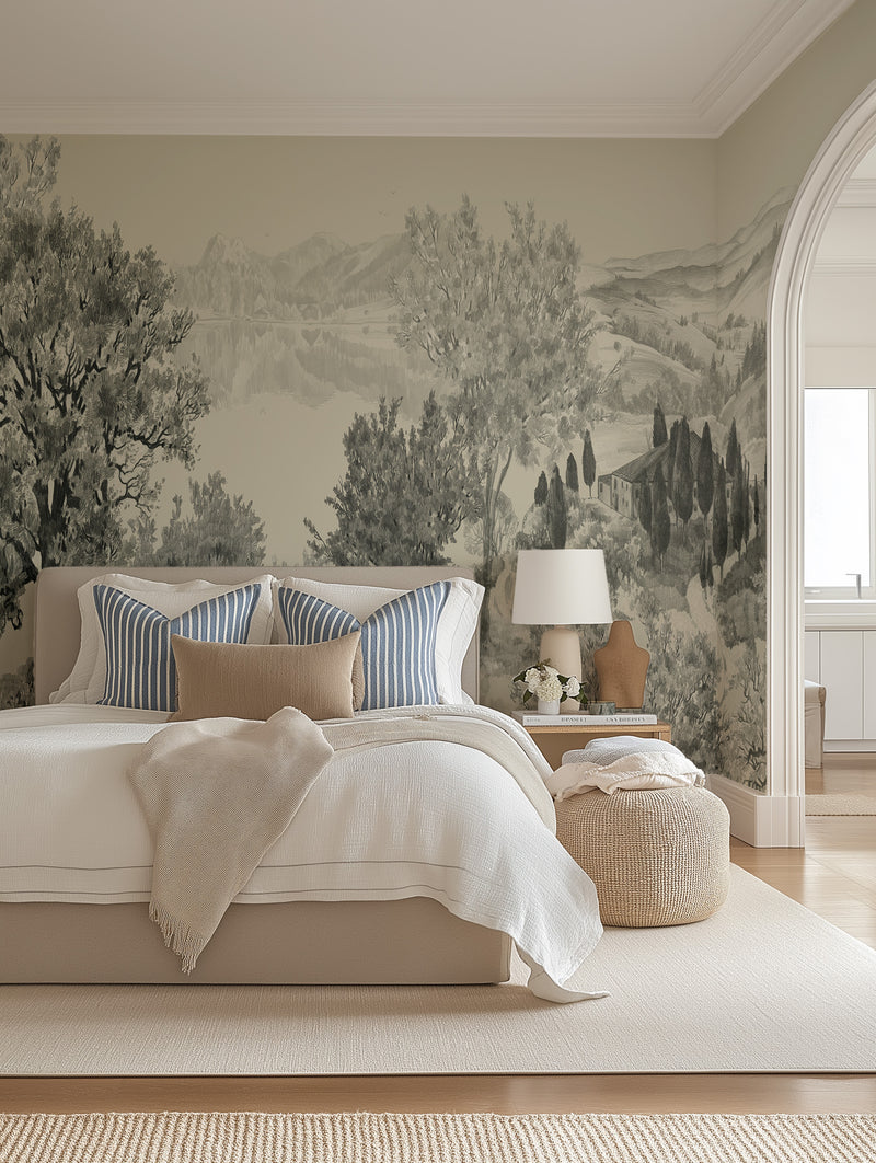 Beige bedroom with panoramic grey-green European countryside tree and lake mural wallpaper