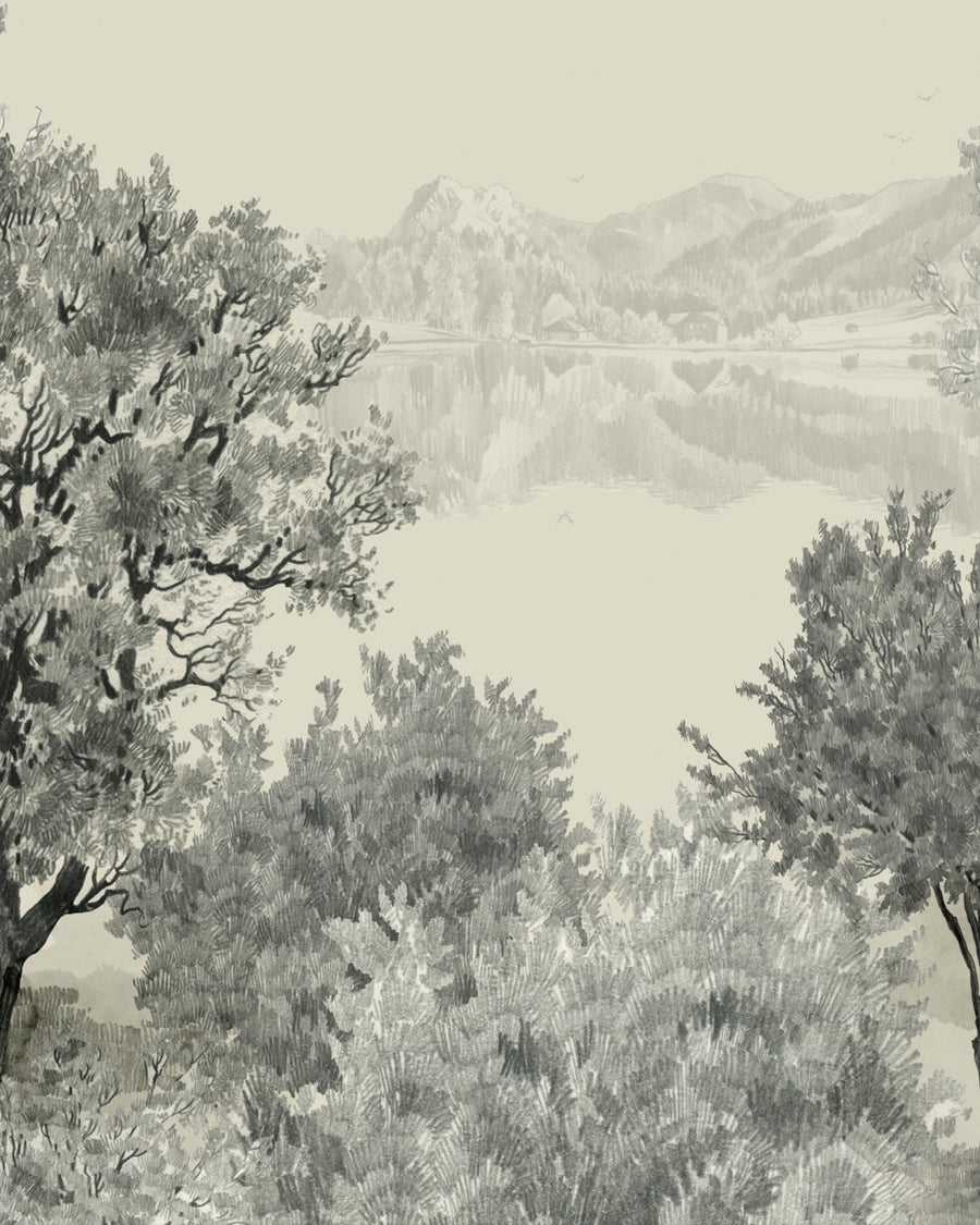 Close-up of grey-green painted landscape mural — trees, reflective lake, and mountains on cream background