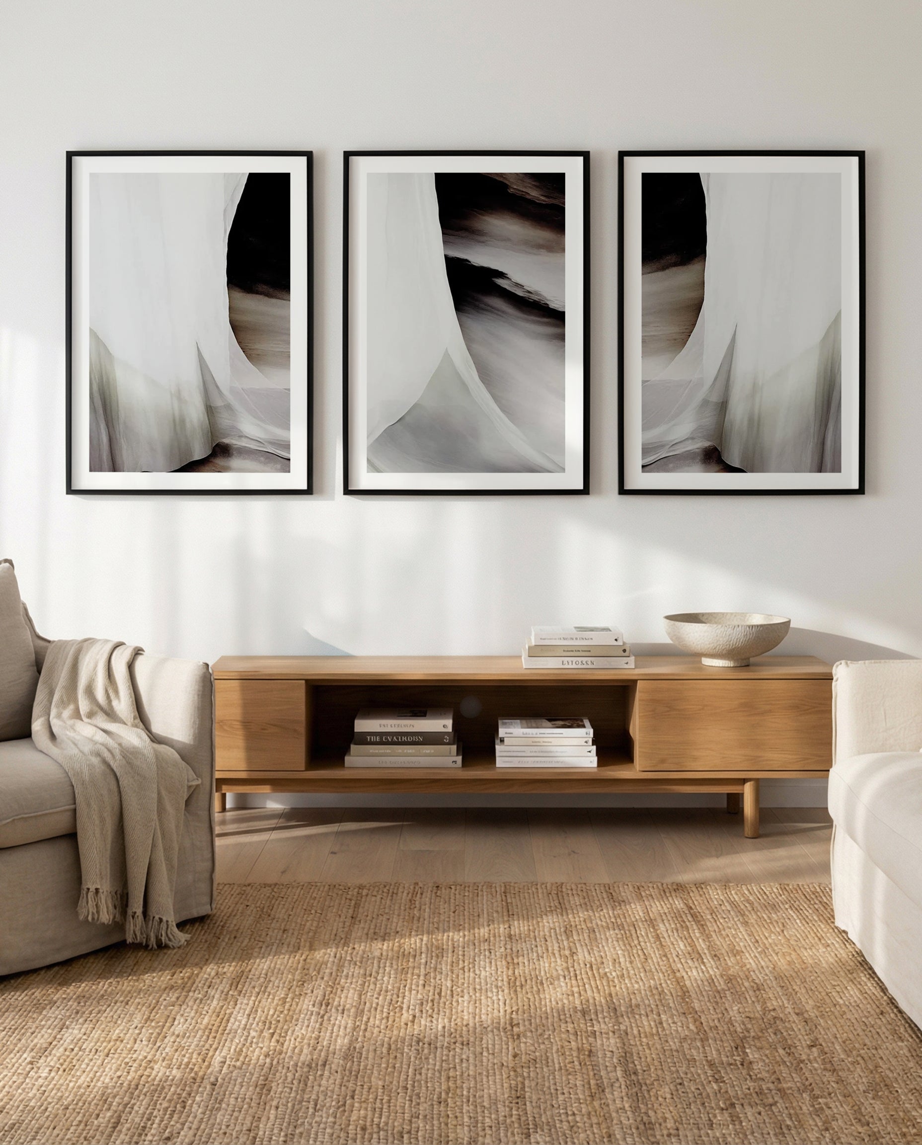 Evendon I, II & III | 3 Piece Wall Art Set in White abstract art print oak frame with white border