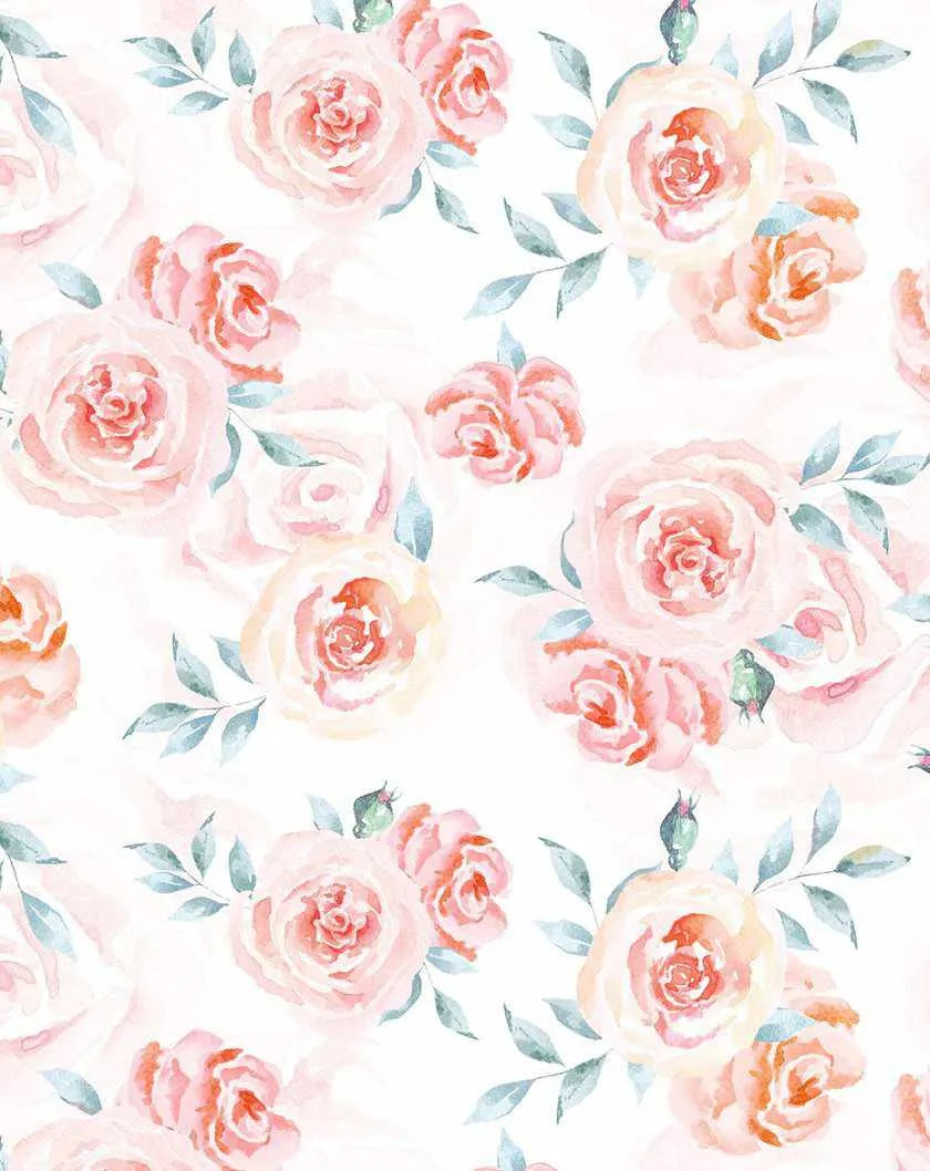 Peel and stick wallpaper featuring a repeating pattern of hand-painted watercolor roses in various shades of blush pink, peach, and soft coral, interspersed with delicate sage green leaves on a clean white background. The floral design has a loose, organic quality with visible brushstroke texture.
