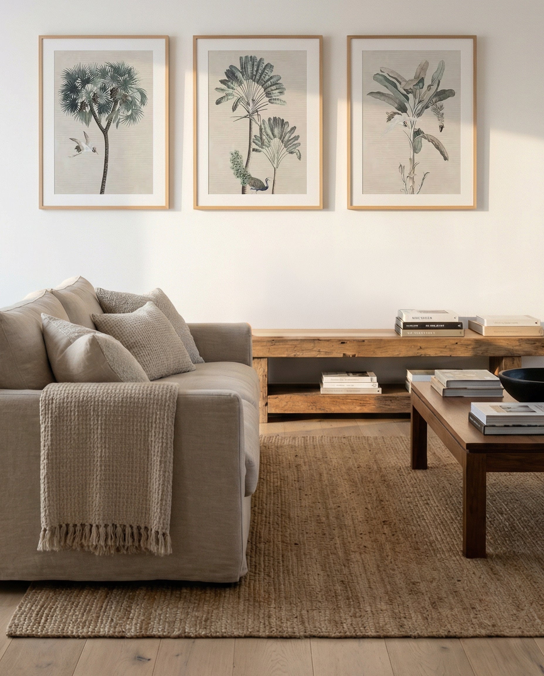 Exotic Palm I, II & III | 3 Piece Wall Art Set in Green art print oak frame with white border