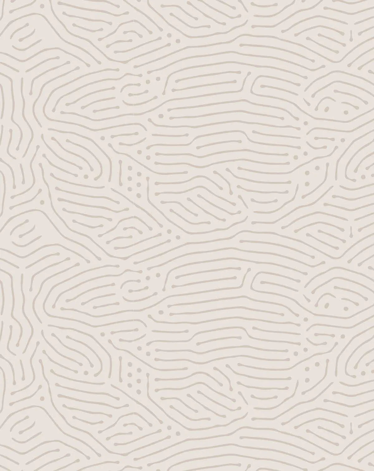 Peel and stick wallpaper featuring a repeating pattern of organic, hand-drawn lines and dots in a light taupe or greige color on a soft, warm off-white background. The lines are fluid and resemble a circuit board or a natural vein pattern, with small dots interspersed throughout the design.