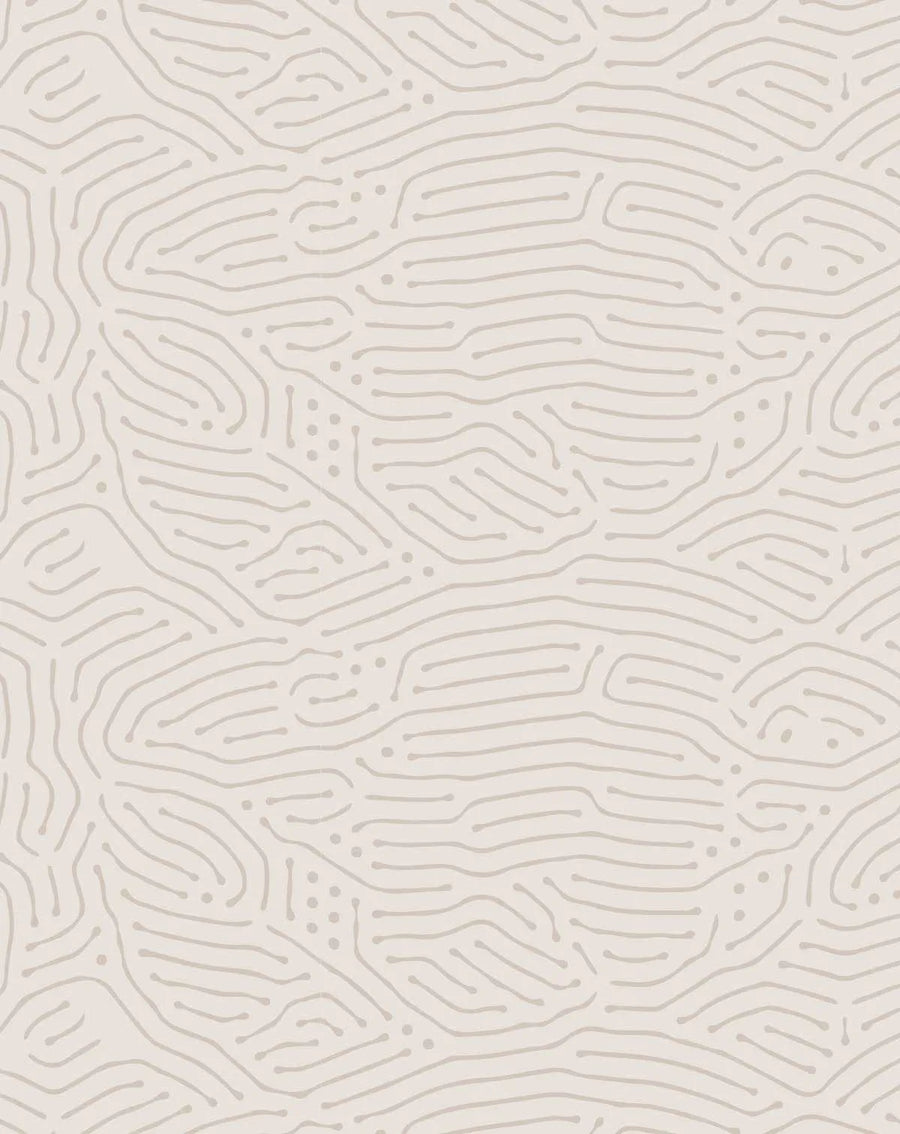 Peel and stick wallpaper featuring a repeating pattern of organic, hand-drawn lines and dots in a light taupe or greige color on a soft, warm off-white background. The lines are fluid and resemble a circuit board or a natural vein pattern, with small dots interspersed throughout the design.