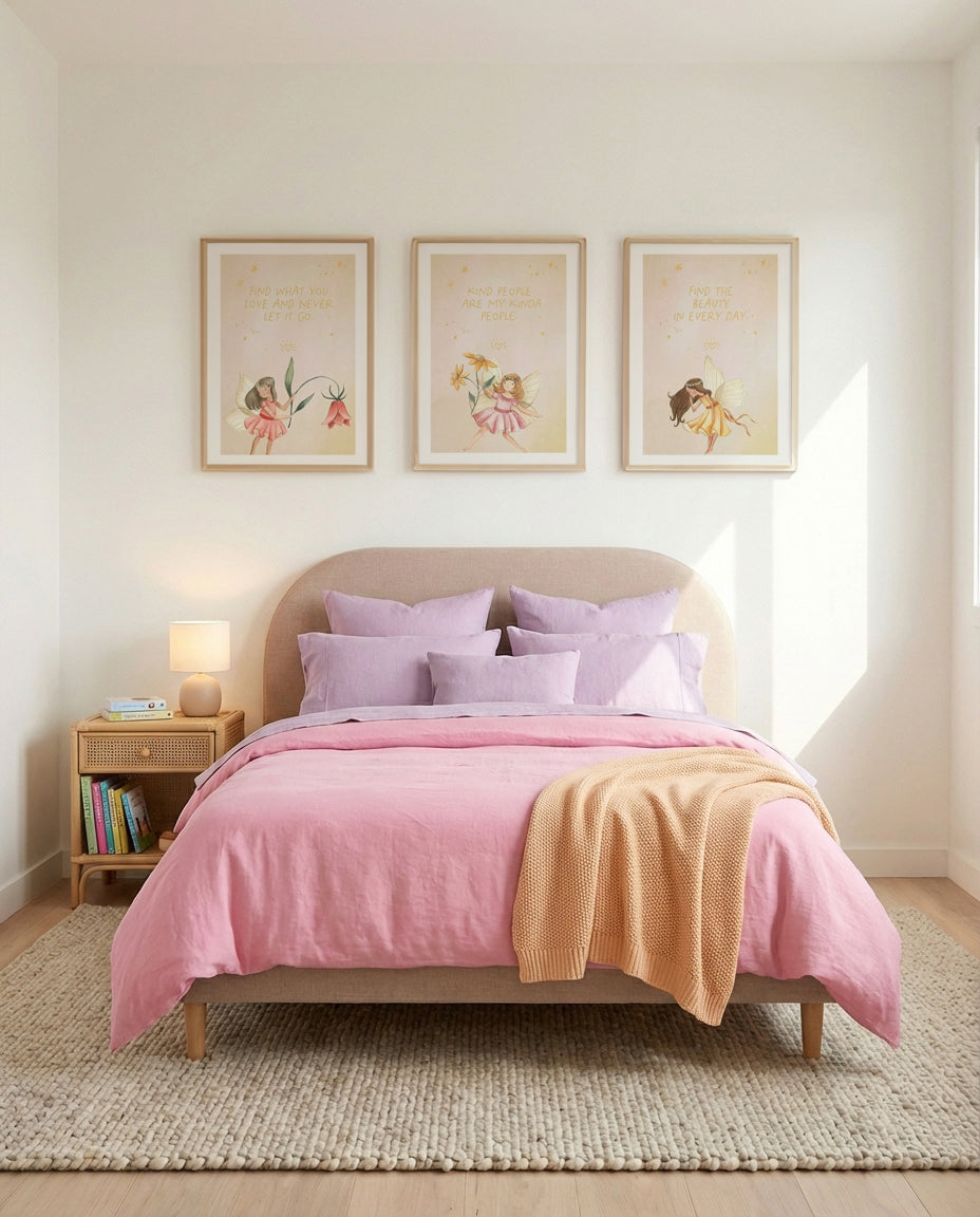 Fairy Friends I, II & III by Jess Mckinnon | 3 Piece Wall Art Set in Brown and Pink art print oak frame with white border