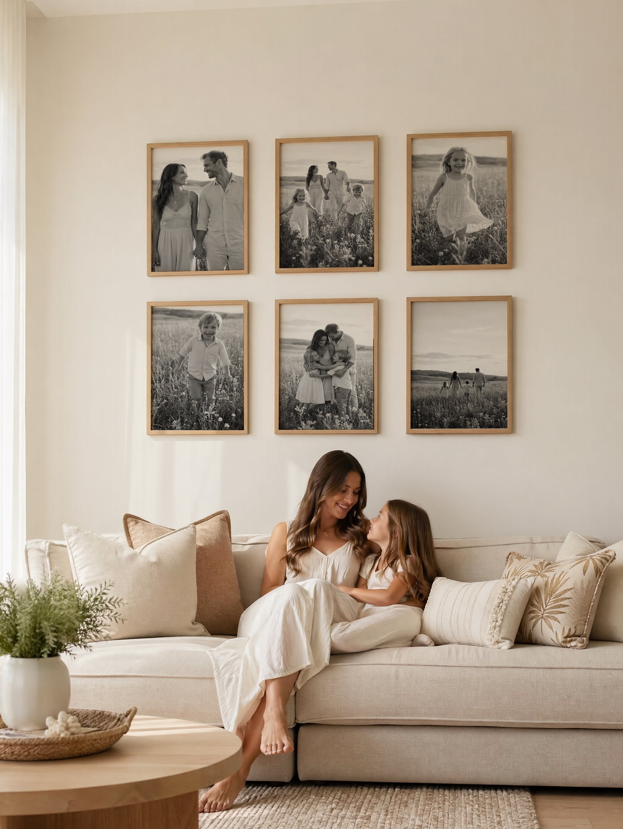 Woman and child sitting on a couch in a living room with framed family photos on the wall.