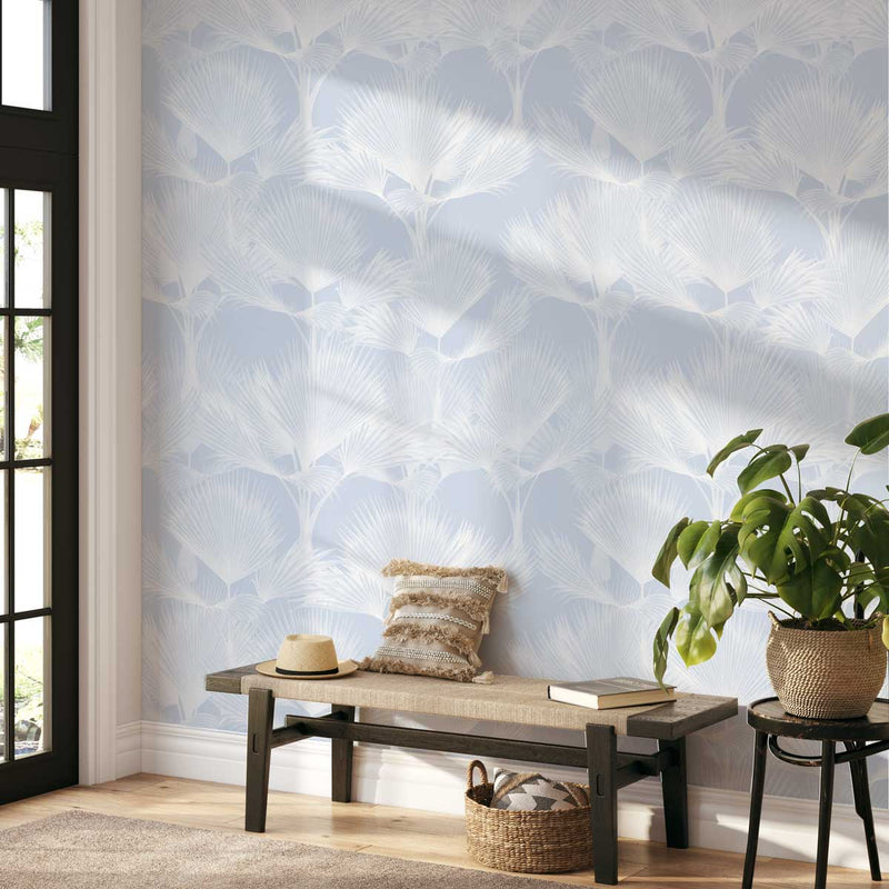 Fan Palm In Light Blue Wallpaper from Olive et Oriel where you can shop wallpaper and artworks online