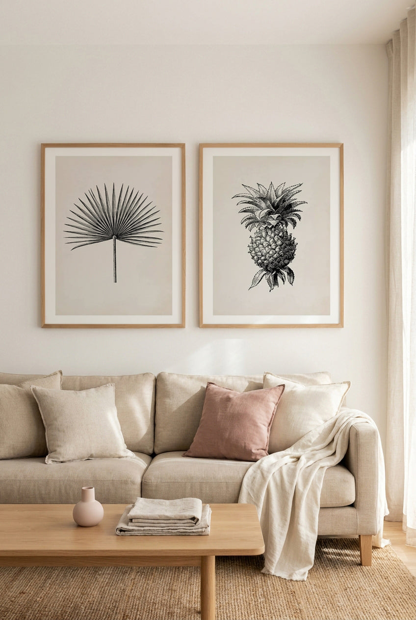 Fan Palm II & Pineapple Illustration Art Print Set of 2 | Matching Wall Art