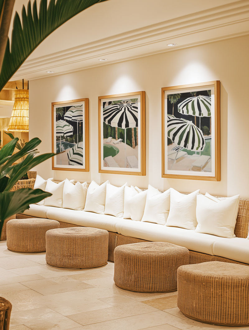 Lobbies & Reception Areas: Stylish lobby and reception area enhanced with framed artworks and canvas art from Olive et Oriel offering a warm and professional welcome with premium wall decor.