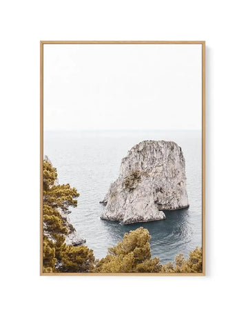 Framed canvas art print featuring a photograph of Faraglioni Rocks in Capri, Italy. The composition shows a dramatic tall limestone rock formation rising from turquoise-blue Mediterranean water, photographed from a coastal viewpoint. Golden-green pine tree foliage frames the left and bottom edges of the image. The sky is pale and overcast, creating a muted, serene atmosphere. The photograph is mounted in a natural wood frame with a white border, displayed against a white background.