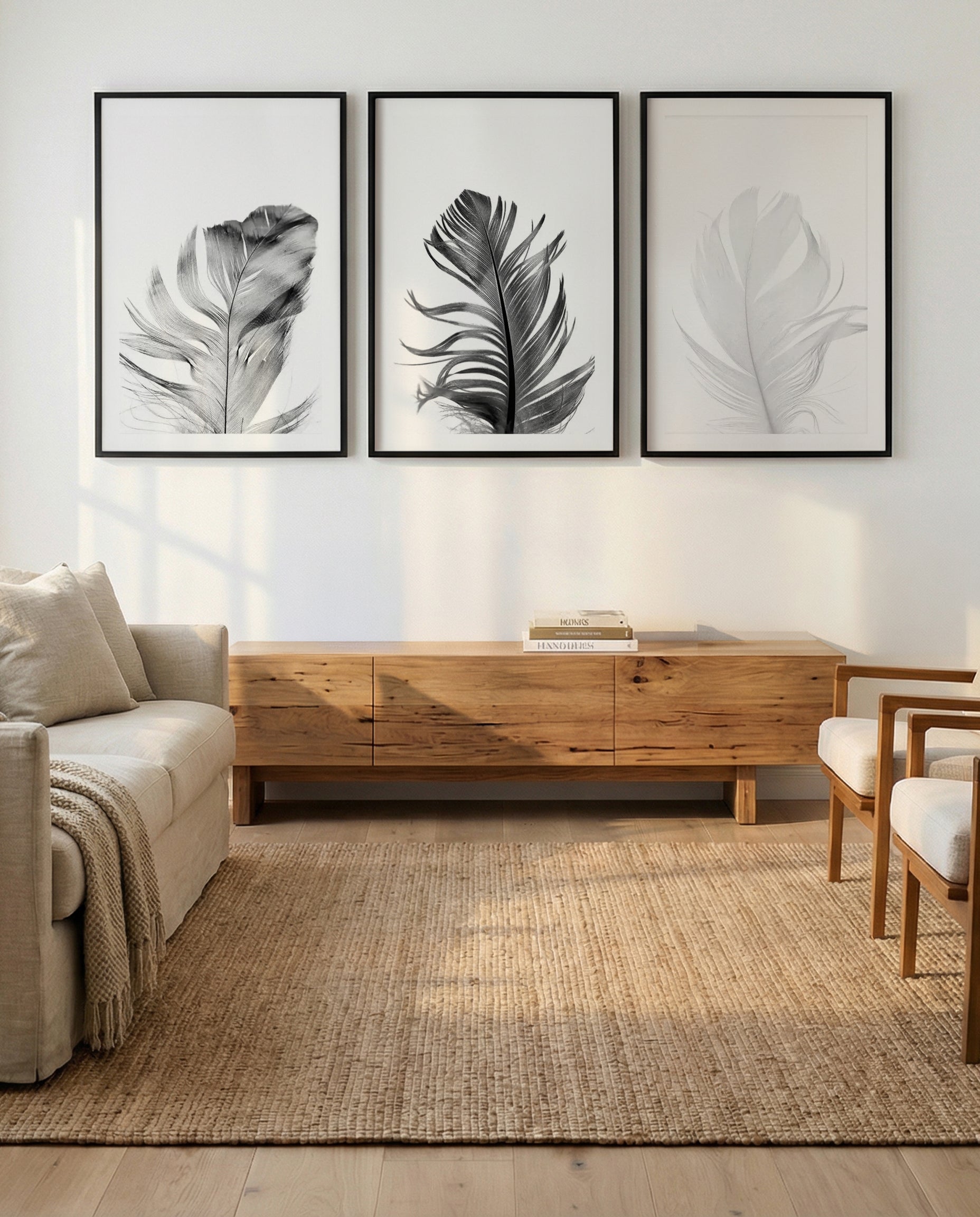 Feather I, II & III | 3 Piece Wall Art Set in Black and White art print oak frame with white border