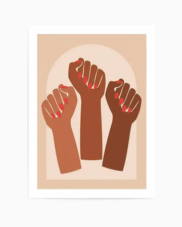 Art print featuring three raised fists in different shades of brown, representing diverse skin tones, with bright red painted fingernails. The fists are positioned against a light beige background with a subtle, lighter arched shape behind them. The illustration has a flat, minimalist style.