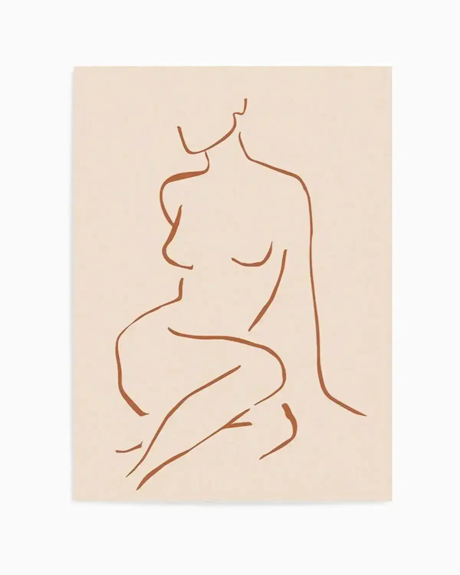 Art print featuring a minimalist line drawing of a female form in a seated position, rendered in a single continuous terracotta-coloured line on a warm cream background. The figure is depicted from the chest up, with legs bent and crossed, creating a serene and contemplative composition.