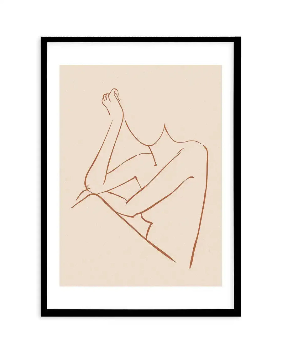 Art print featuring a minimalist line drawing of a female form in terracotta brown against a cream background, with a black frame and white border. The figure is depicted from the chest up, with her head implied by a curved neckline, and her arms are bent with hands resting near her shoulders. The lines are smooth and continuous, creating a serene and elegant composition.