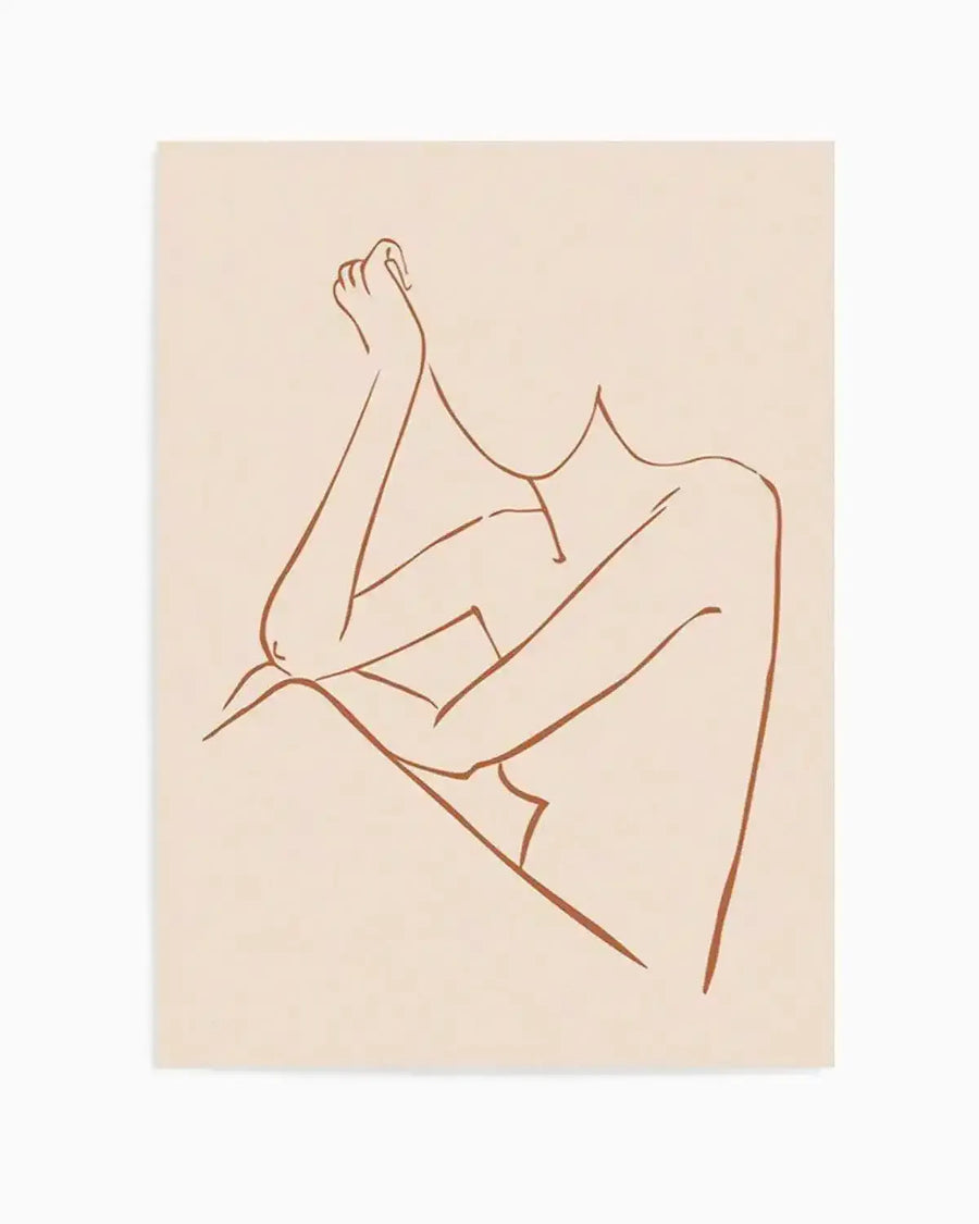 Minimalist line art print featuring a female form in terracotta brown on a cream background. The composition shows the torso and arms of a woman, with her head and lower body cropped, rendered in a continuous, flowing line. Her arms are bent, with one hand resting near her shoulder and the other arm crossing her body.