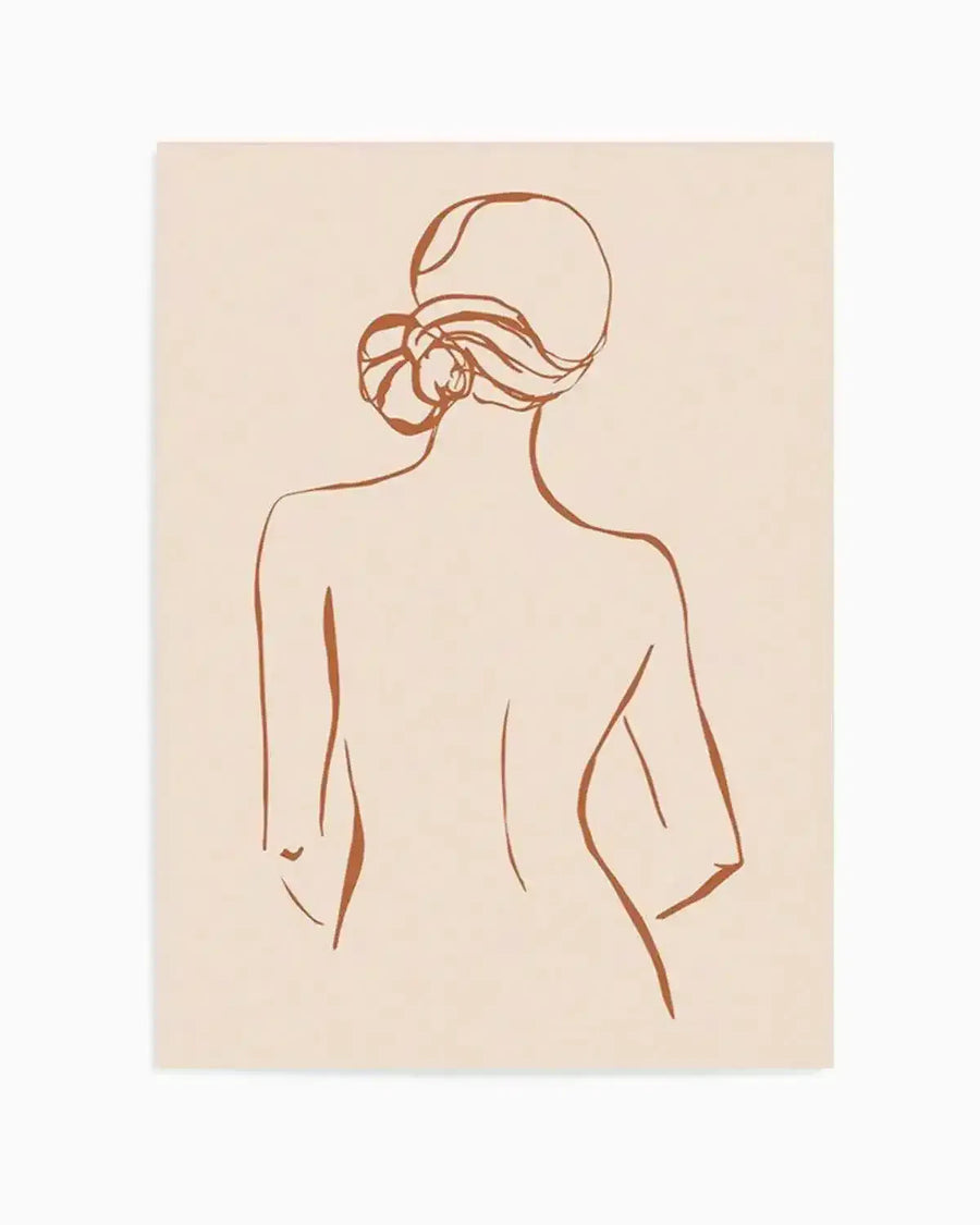 Line art print featuring a minimalist illustration of a female form from the back, with a messy bun hairstyle, rendered in a single continuous terracotta-brown line on a warm cream background.
