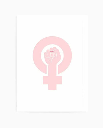 Art Print:
Feminist art print featuring a light pink female power symbol with a raised fist holding a small pink pill in the center. The illustration has a clean, graphic style with solid colours and a white background.