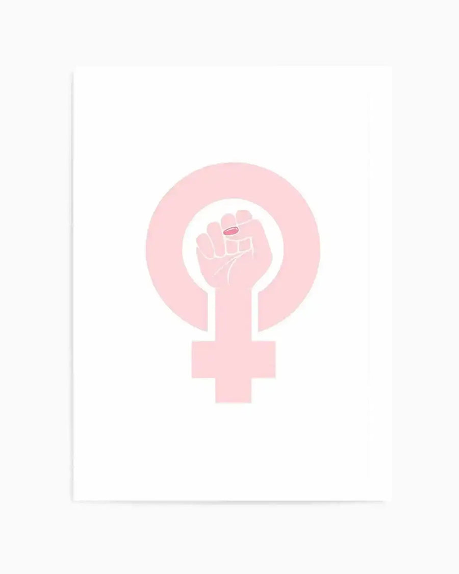 Art Print:
Feminist art print featuring a light pink female power symbol with a raised fist holding a small pink pill in the center. The illustration has a clean, graphic style with solid colours and a white background.