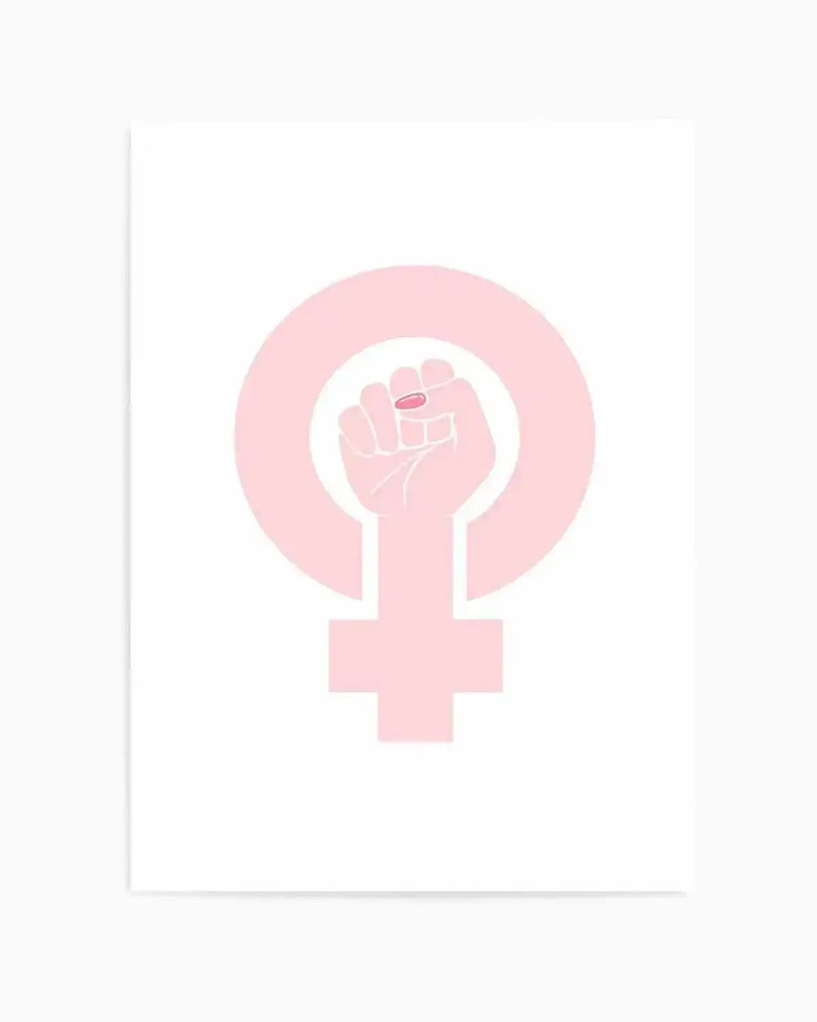 Art print featuring a pale pink female power symbol with a raised fist holding a small pink pill in the center, set against a clean white background. The illustration has a flat, graphic style.