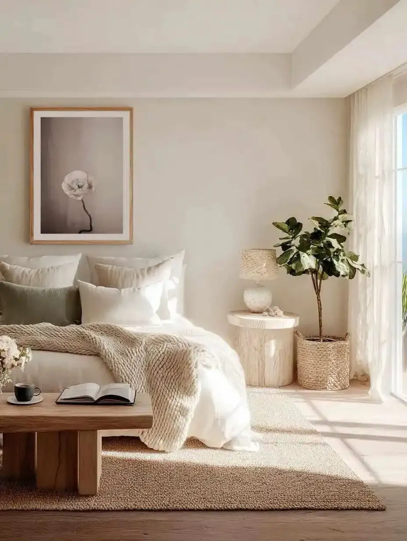 Framed art print displayed above a bed in a serene, neutral bedroom. The artwork features a single white flower with delicate petals on a thin stem against a soft taupe-gray background. The print has a wooden frame in warm honey tone with a white border. The bedroom setting shows cream and beige bedding, natural fiber textures, woven plant baskets, and soft natural light from sheer curtains, creating a calm, minimalist aesthetic.