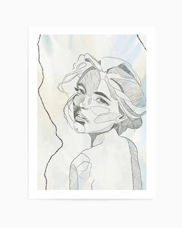 Line art print featuring a woman with short, wavy hair looking over her shoulder, rendered in black ink on a textured white background with subtle pale blue and cream watercolour washes. The illustration uses continuous lines and cross-hatching to define facial features and the contours of her bare shoulders, with abstract shapes suggesting light and shadow.