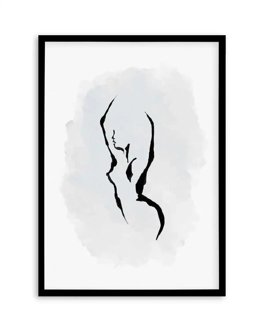 Abstract art print featuring a minimalist line drawing of a female figure in black ink with a soft periwinkle blue watercolour wash background, displayed in a black frame with white border.