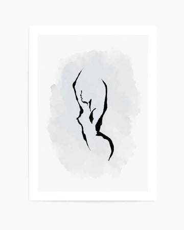Abstract art print featuring a minimalist line drawing of a female figure in profile, rendered in black ink with a loose, expressive quality against a soft periwinkle blue watercolour wash background. The figure's head is tilted back, and her body is suggested with fluid, continuous lines.