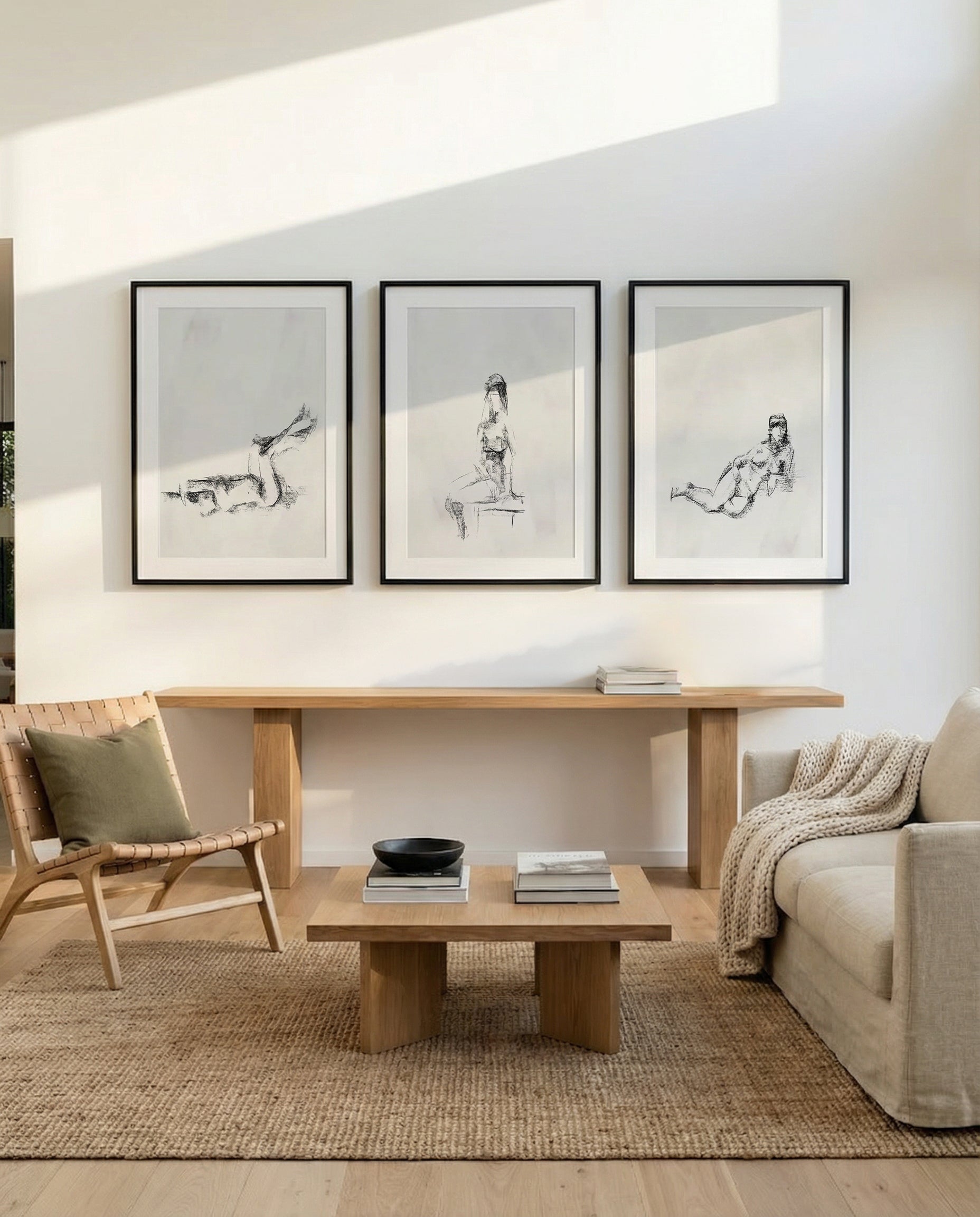 Femme in Charcoal I, II & III | 3 Piece Wall Art Set in Grey art print oak frame with white border