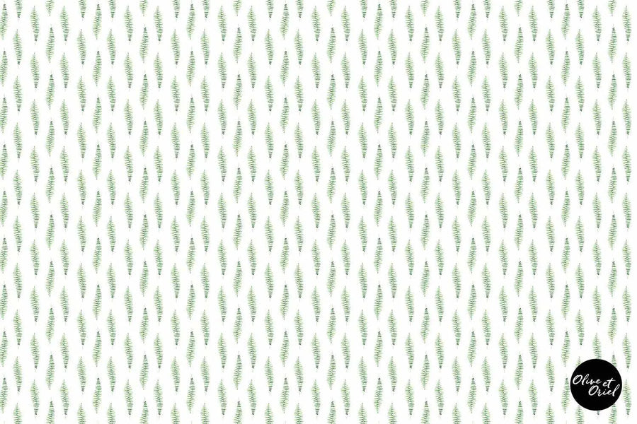 Peel and stick wallpaper featuring a repeating pattern of hand-painted fern fronds in varying shades of light to medium green on a crisp white background. The botanical design has a loose, organic watercolour quality with visible brushstroke texture, arranged in vertical rows with a slight diagonal offset.