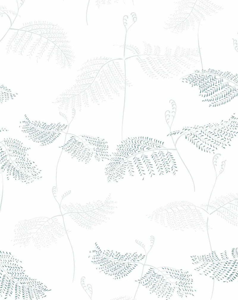 Peel and stick wallpaper featuring a repeating pattern of delicate fern fronds in varying shades of seafoam green and moss green on a crisp white background. The botanical design has a light, airy quality with some fronds appearing as outlines and others fully coloured.