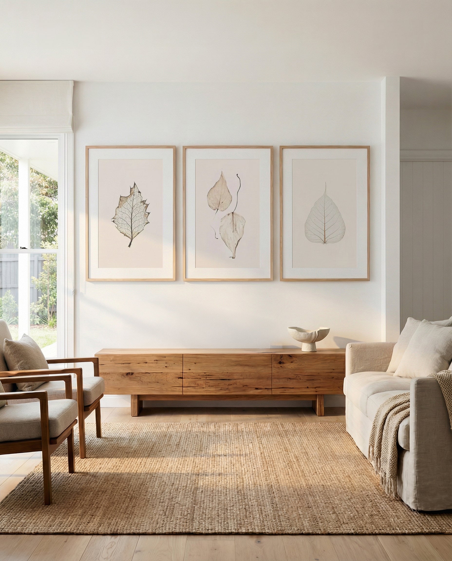 Feuille D'or I, II & III | 3 Piece Wall Art Set in Beige and Brown art print oak frame with white border