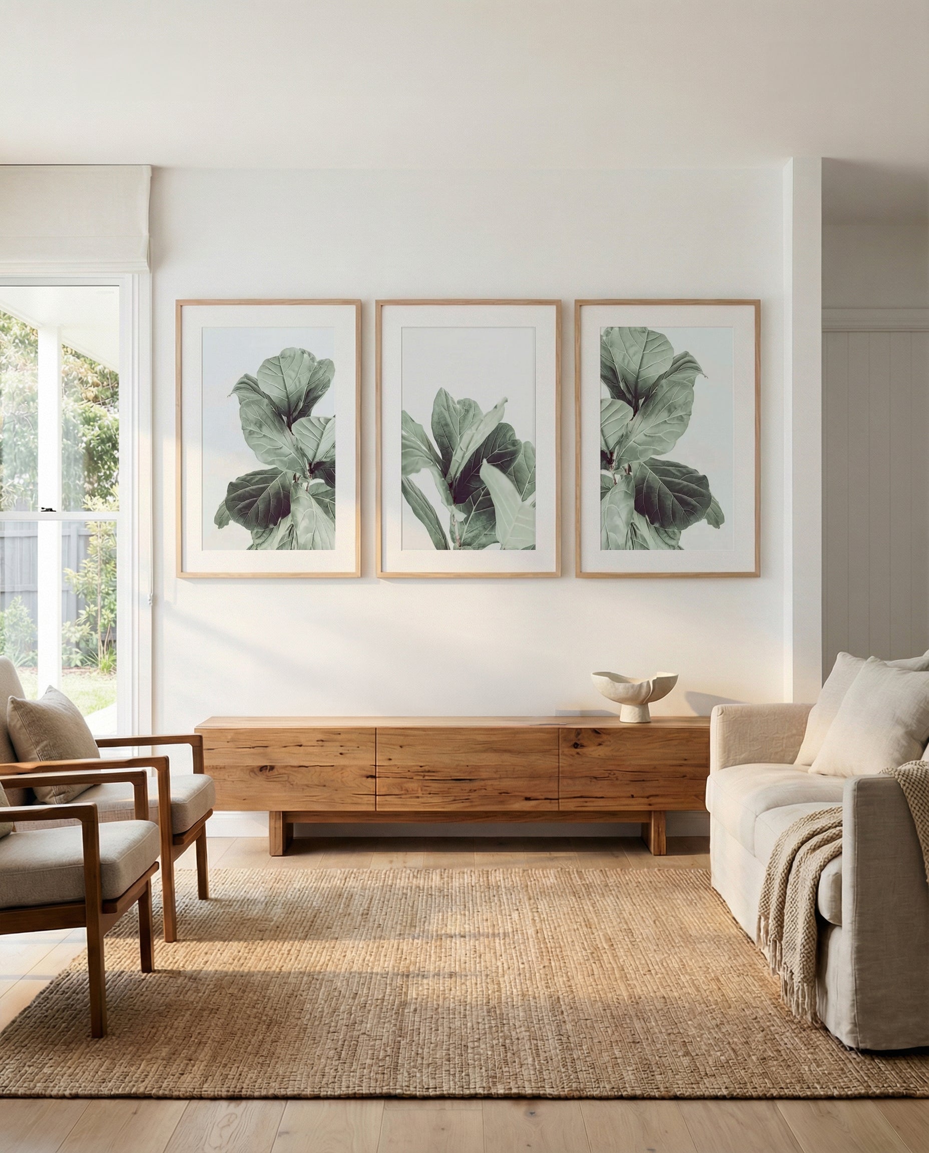 Fiddle Fig I, II & III | 3 Piece Wall Art Set in Green art print oak frame with white border