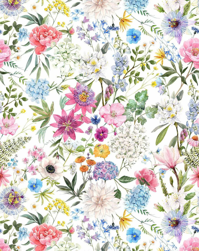 Peel and stick wallpaper featuring a dense, repeating pattern of diverse hand-painted wildflowers and foliage in a vibrant watercolor style on a clean white background. The design includes large pink peonies, purple and blue passionflowers, white dahlias, blue hydrangeas, pink magnolias, yellow tansies, white anemones, and various smaller blue, purple, and orange blossoms, all rendered with visible brushstroke texture and soft color gradients.