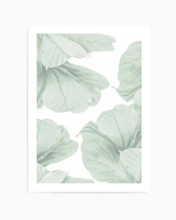 Art print featuring soft sage green illustrated fig leaves arranged around the edges of a white background, creating an organic frame. The leaves display delicate watercolor-style rendering with visible veining and layered, translucent petals. White mat board with white border surrounds the botanical artwork. Minimalist composition with muted, natural color palette emphasizing the gentle green tones against neutral backdrop.