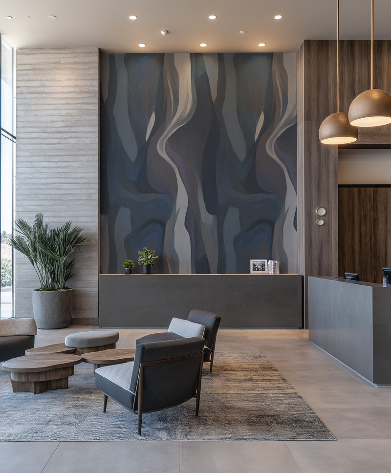 Fira Abstract in Deep Blue Commercial Vinyl Wallpaper from Olive et Oriel where you can shop wallpaper and artworks online