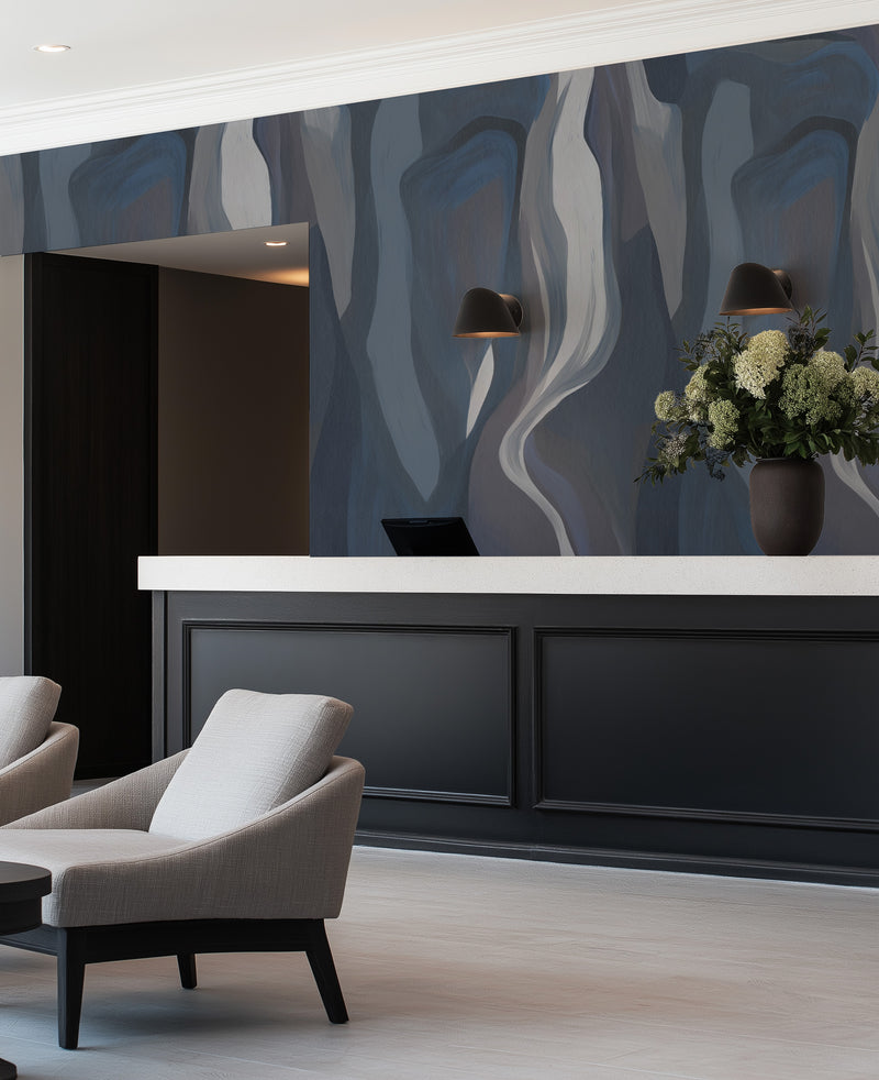 Fira Abstract in Deep Blue Commercial Vinyl Wallpaper from Olive et Oriel where you can shop wallpaper and artworks online