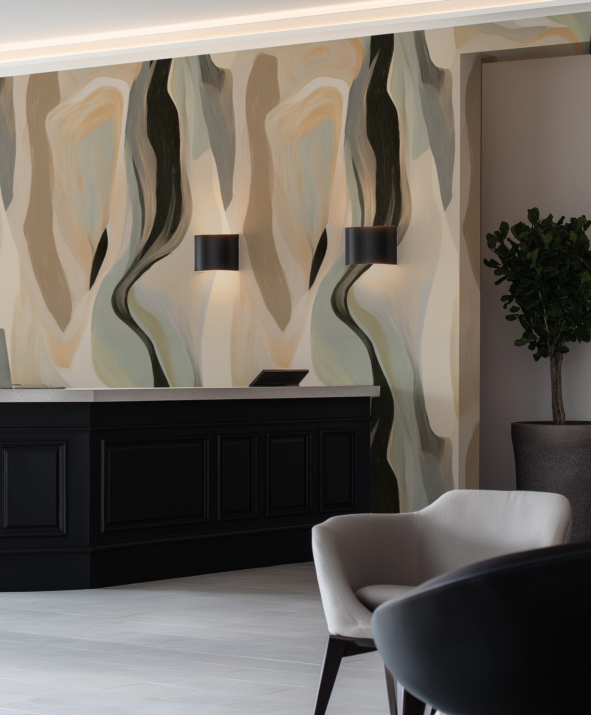 Fira Abstract in Taupe & Black Commercial Vinyl Wallpaper