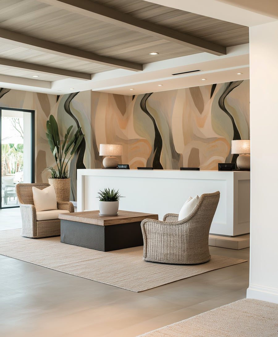 Fira Abstract in Taupe & Black Commercial Vinyl Wallpaper from Olive et Oriel where you can shop wallpaper and artworks online