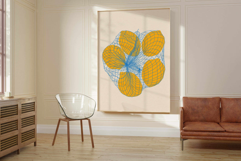 Five Lemons In a Net Bag by Rosi Feist | Art Print from Olive et Oriel where you can shop wallpaper and artworks online