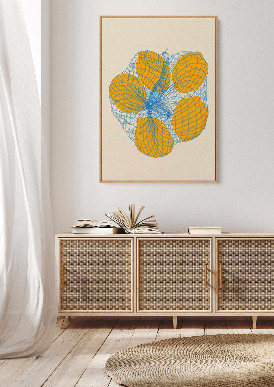 Five Lemons In a Net Bag by Rosi Feist | Framed Canvas Art Print from Olive et Oriel where you can shop wallpaper and artworks online