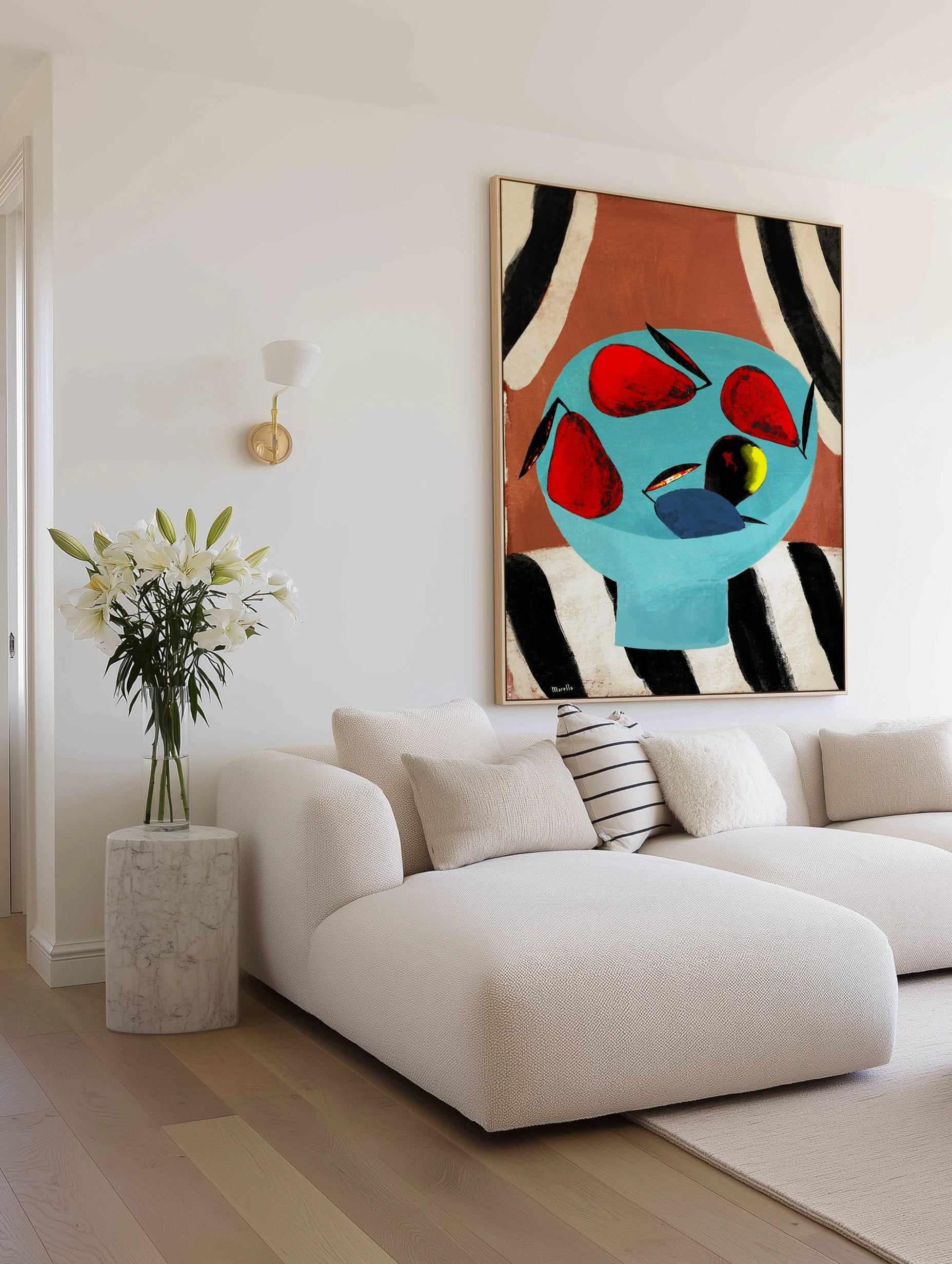 Five Pears by Marco Marella | Framed Canvas Art Print from Olive et Oriel where you can shop wallpaper and artworks online