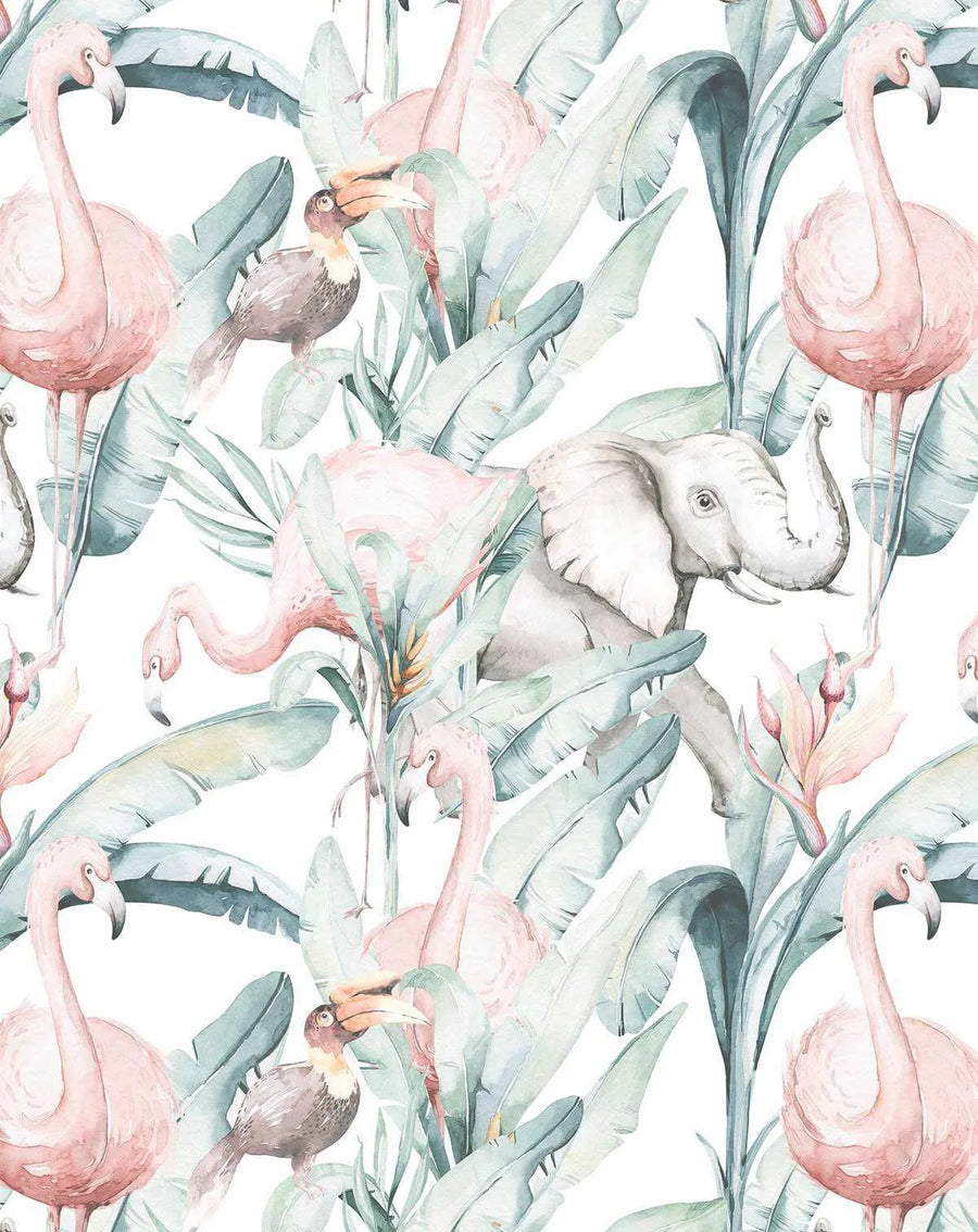 Peel and stick wallpaper featuring a repeating pattern of hand-painted flamingos, toucans, and elephants amidst lush tropical foliage on a white background. The design has a soft watercolour quality with visible brushstroke texture, depicting pink flamingos, brown toucans with light beaks, and grey elephants, all surrounded by large, muted green and teal banana leaves and other tropical plants.
