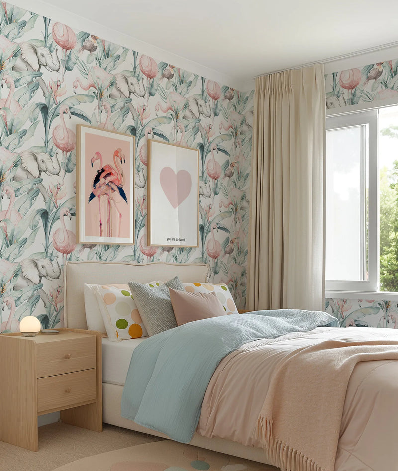 Flamingo in the Palms Wallpaper from Olive et Oriel where you can shop wallpaper and artworks online